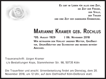 Anzeige von Marianne Kramer von Kölner Stadt-Anzeiger / Kölnische Rundschau / Express