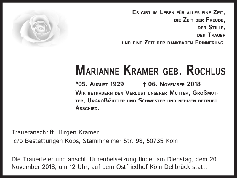  Traueranzeige für Marianne Kramer vom 17.11.2018 aus Kölner Stadt-Anzeiger / Kölnische Rundschau / Express