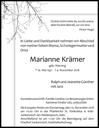 Anzeige von Marianne Krämer von Kölner Stadt-Anzeiger / Kölnische Rundschau / Express