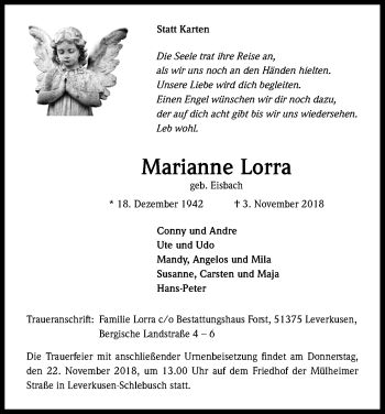 Anzeige von Marianne Lorra von Kölner Stadt-Anzeiger / Kölnische Rundschau / Express