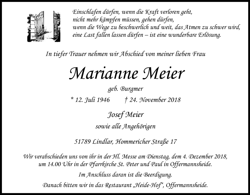  Traueranzeige für Marianne Meier vom 01.12.2018 aus Kölner Stadt-Anzeiger / Kölnische Rundschau / Express