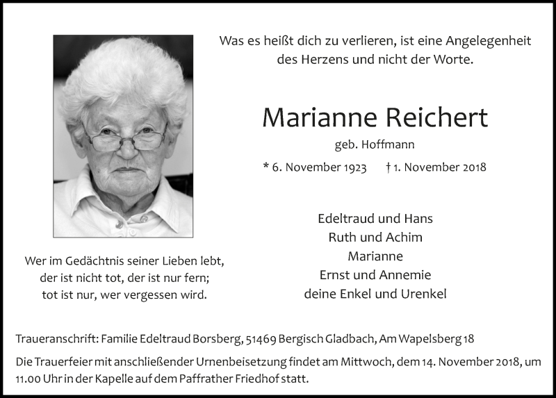  Traueranzeige für Marianne Reichert vom 07.11.2018 aus  Bergisches Handelsblatt 