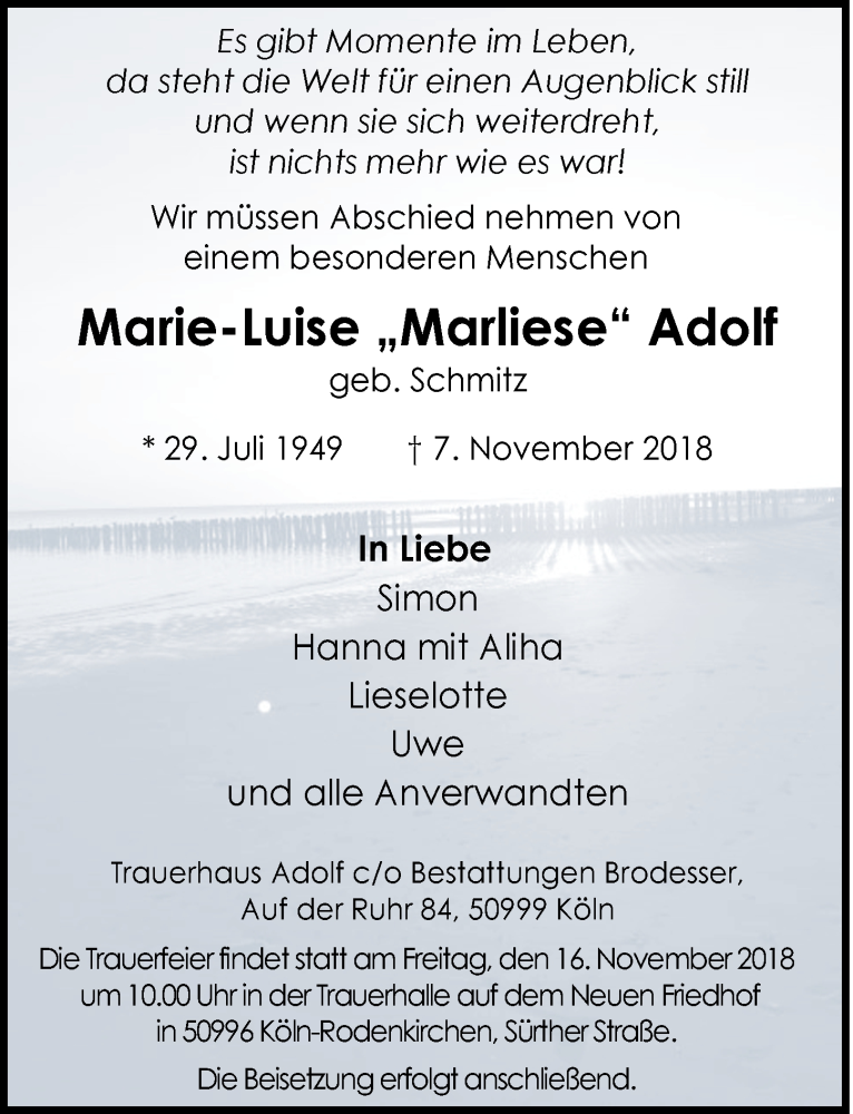  Traueranzeige für Marie-Luise Adolf vom 14.11.2018 aus  Kölner Wochenspiegel 