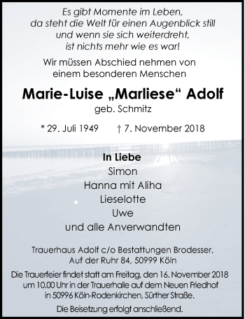 Anzeige von Marie-Luise Adolf von  Kölner Wochenspiegel 