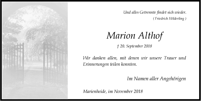  Traueranzeige für Marion Althof vom 14.11.2018 aus  Anzeigen Echo 