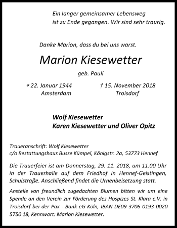Anzeige von Marion Kiesewetter von Kölner Stadt-Anzeiger / Kölnische Rundschau / Express