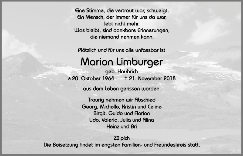  Traueranzeige für Marion Limburger vom 24.11.2018 aus  Blickpunkt Euskirchen 