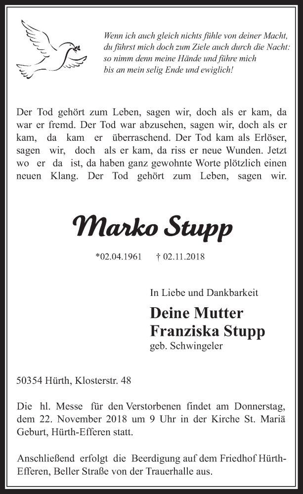  Traueranzeige für Marko Stupp vom 21.11.2018 aus  Wochenende 