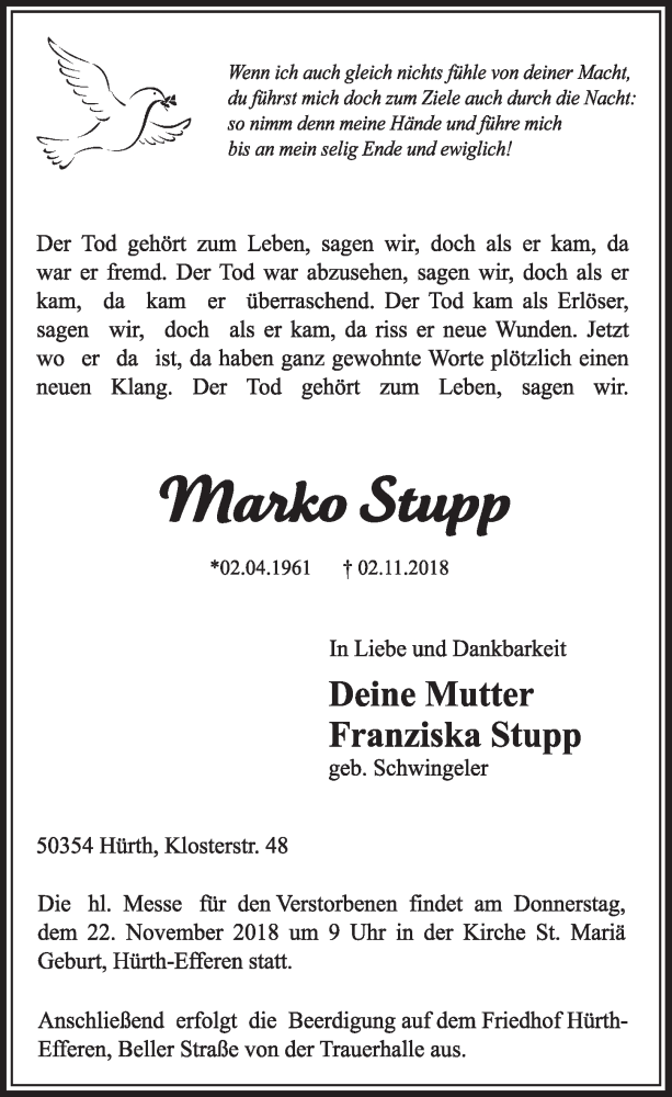  Traueranzeige für Marko Stupp vom 17.11.2018 aus  Sonntags-Post 