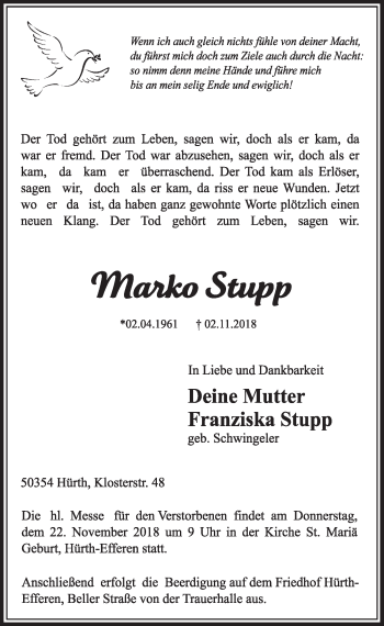 Anzeige von Marko Stupp von  Sonntags-Post 