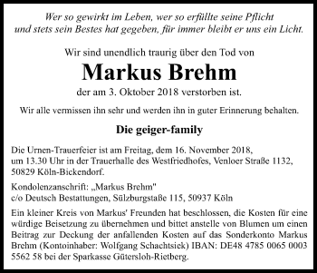 Anzeige von Markus Brehm von Kölner Stadt-Anzeiger / Kölnische Rundschau / Express