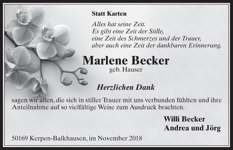  Traueranzeige für Marlene Becker vom 14.11.2018 aus  Werbepost 