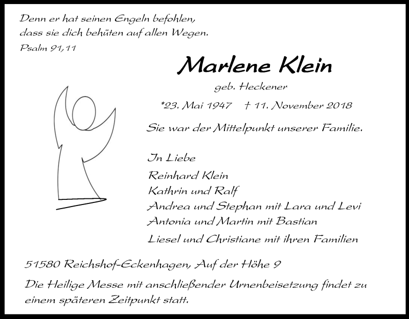  Traueranzeige für Marlene Klein vom 17.11.2018 aus Kölner Stadt-Anzeiger / Kölnische Rundschau / Express