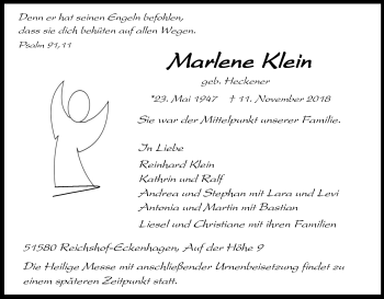 Anzeige von Marlene Klein von Kölner Stadt-Anzeiger / Kölnische Rundschau / Express