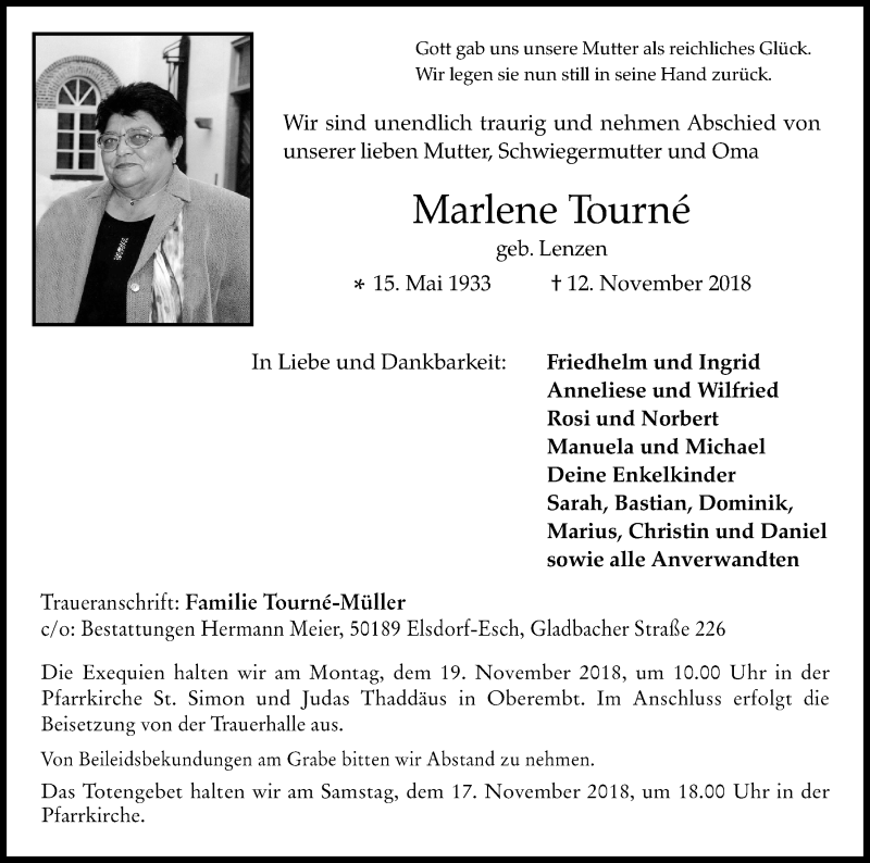  Traueranzeige für Marlene Tourné vom 15.11.2018 aus Kölner Stadt-Anzeiger / Kölnische Rundschau / Express