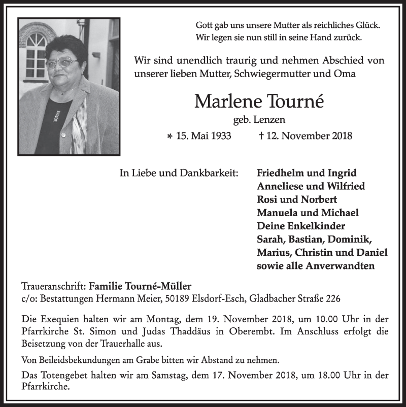  Traueranzeige für Marlene Tourné vom 17.11.2018 aus  Sonntags-Post 