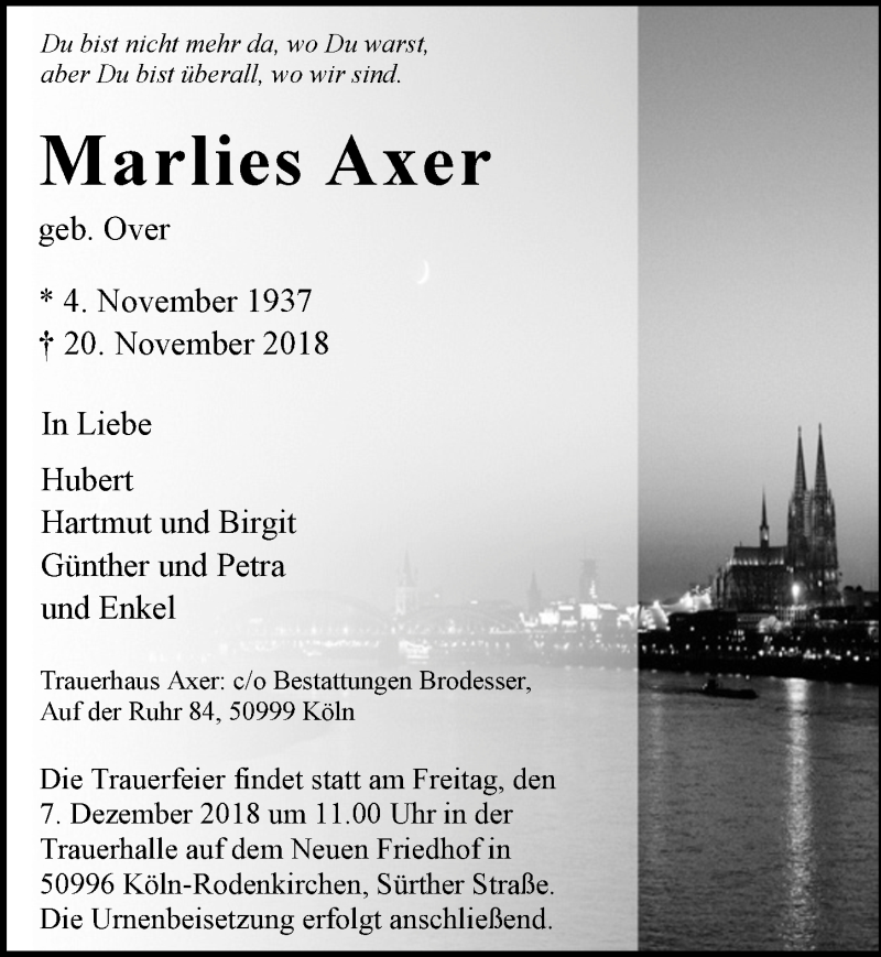  Traueranzeige für Marlies Axer vom 28.11.2018 aus  Kölner Wochenspiegel 