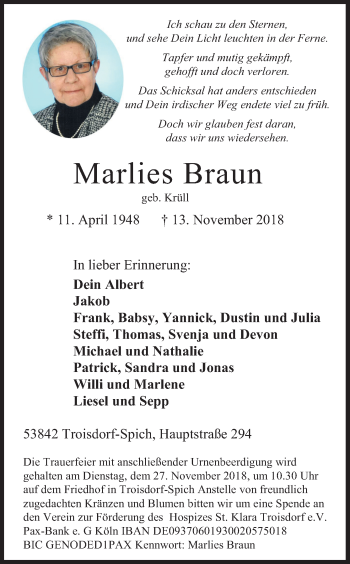 Anzeige von Marlies Braun von Kölner Stadt-Anzeiger / Kölnische Rundschau / Express