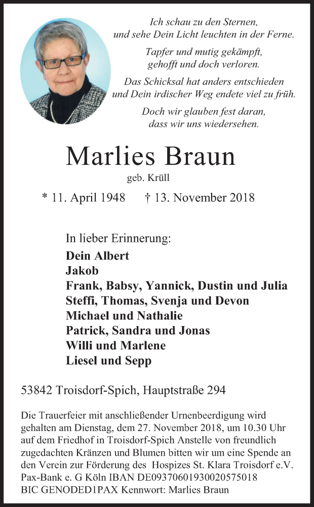  Traueranzeige für Marlies Braun vom 17.11.2018 aus Kölner Stadt-Anzeiger / Kölnische Rundschau / Express