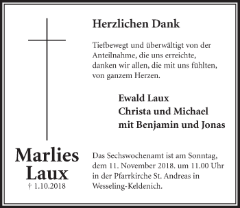 Anzeige von Marlies Laux von  Schlossbote/Werbekurier 