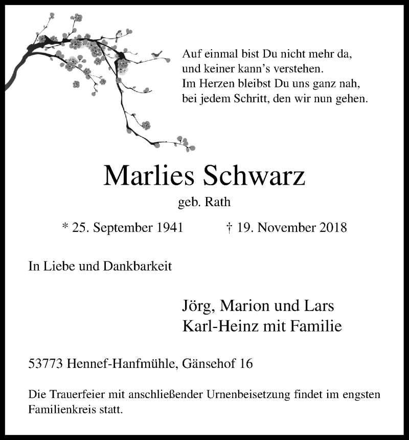  Traueranzeige für Marlies Schwarz vom 24.11.2018 aus Kölner Stadt-Anzeiger / Kölnische Rundschau / Express