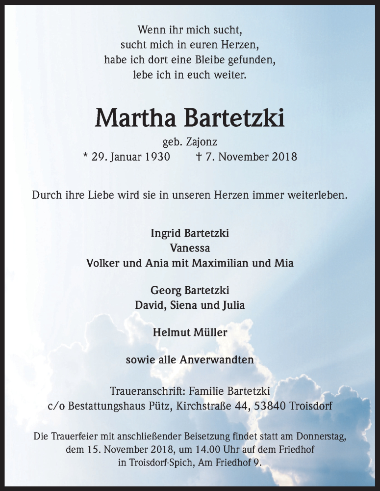  Traueranzeige für Martha Bartetzki vom 13.11.2018 aus Kölner Stadt-Anzeiger / Kölnische Rundschau / Express