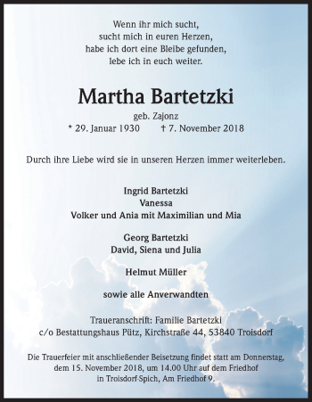 Anzeige von Martha Bartetzki von Kölner Stadt-Anzeiger / Kölnische Rundschau / Express
