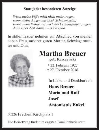 Anzeige von Martha Breuer von  Wochenende 
