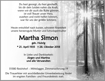 Anzeige von Martha Simon von Kölner Stadt-Anzeiger / Kölnische Rundschau / Express