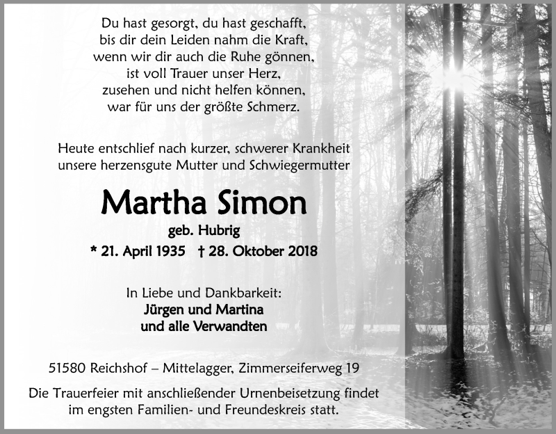 Traueranzeige für Martha Simon vom 03.11.2018 aus Kölner Stadt-Anzeiger / Kölnische Rundschau / Express