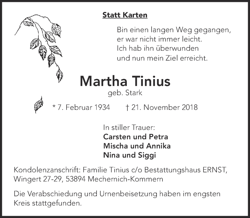  Traueranzeige für Martha Tinius vom 01.12.2018 aus  Blickpunkt Euskirchen 