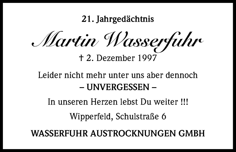  Traueranzeige für Martin Wasserfuhr vom 01.12.2018 aus Kölner Stadt-Anzeiger / Kölnische Rundschau / Express