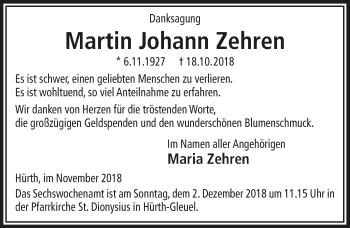 Anzeige von Martin Johann Zehren von  Wochenende 