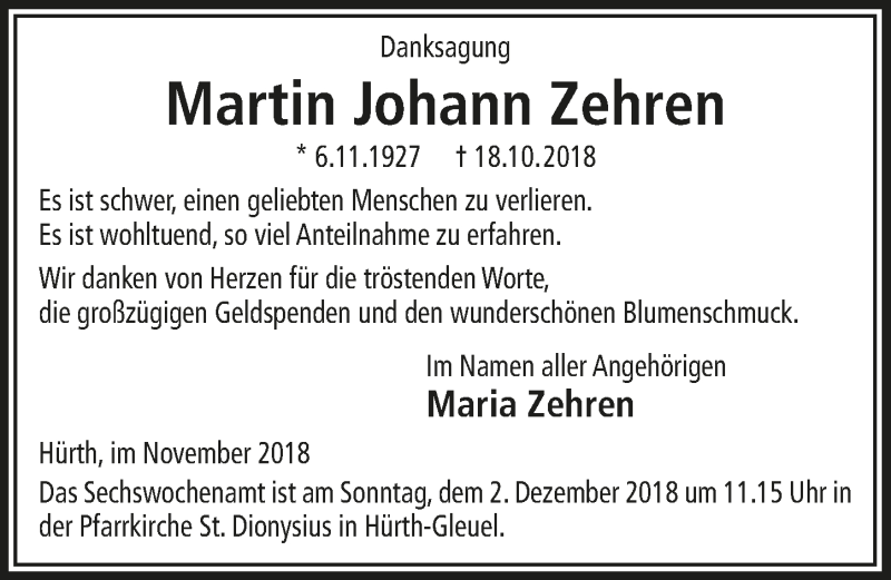  Traueranzeige für Martin Johann Zehren vom 28.11.2018 aus  Wochenende 