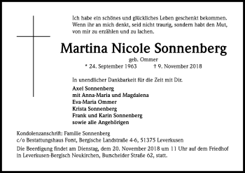 Anzeige von Martina Nicole Sonnenberg von Kölner Stadt-Anzeiger / Kölnische Rundschau / Express