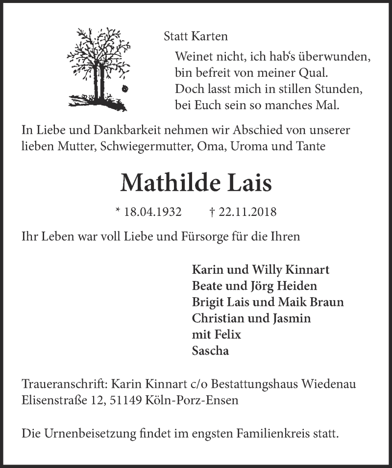  Traueranzeige für Mathilde Lais vom 28.11.2018 aus  Kölner Wochenspiegel 
