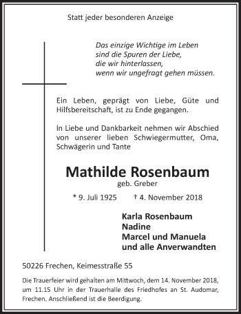 Anzeige von Mathilde Rosenbaum von  Sonntags-Post 