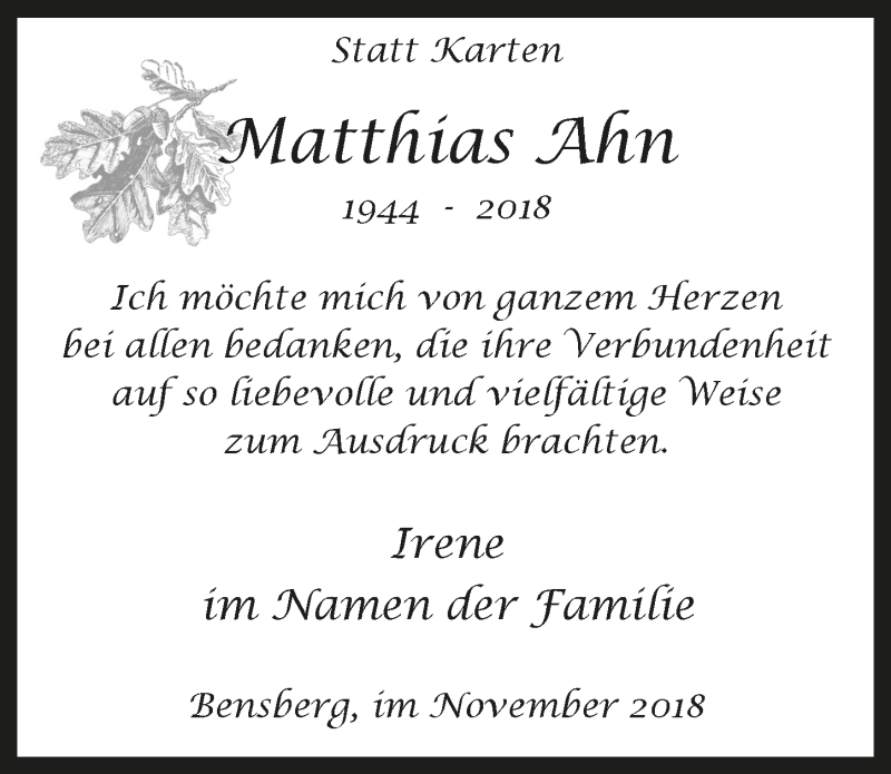  Traueranzeige für Matthias Ahn vom 28.11.2018 aus  Bergisches Handelsblatt 