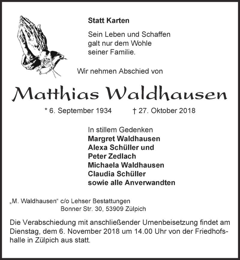  Traueranzeige für Matthias Waldhausen vom 03.11.2018 aus  Blickpunkt Euskirchen 