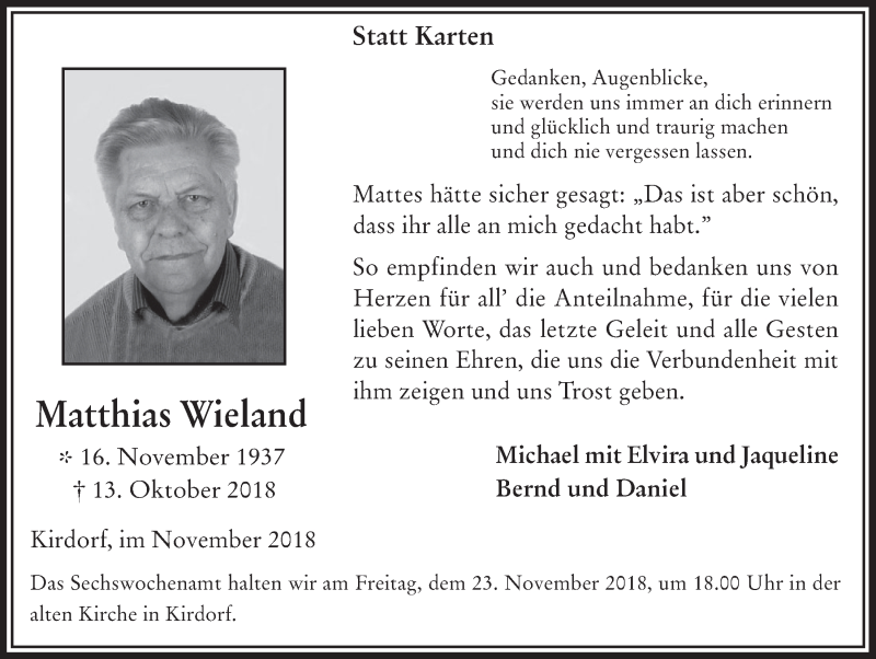  Traueranzeige für Matthias Wieland vom 21.11.2018 aus  Werbepost 