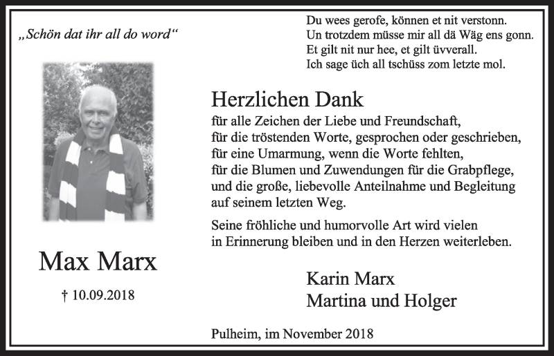  Traueranzeige für Max Marx vom 03.11.2018 aus  Sonntags-Post 