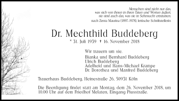 Anzeige von Mechthild Buddeberg von Kölner Stadt-Anzeiger / Kölnische Rundschau / Express