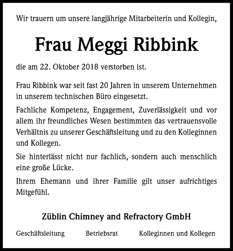  Traueranzeige für Meggi Ribbink vom 03.11.2018 aus Kölner Stadt-Anzeiger / Kölnische Rundschau / Express