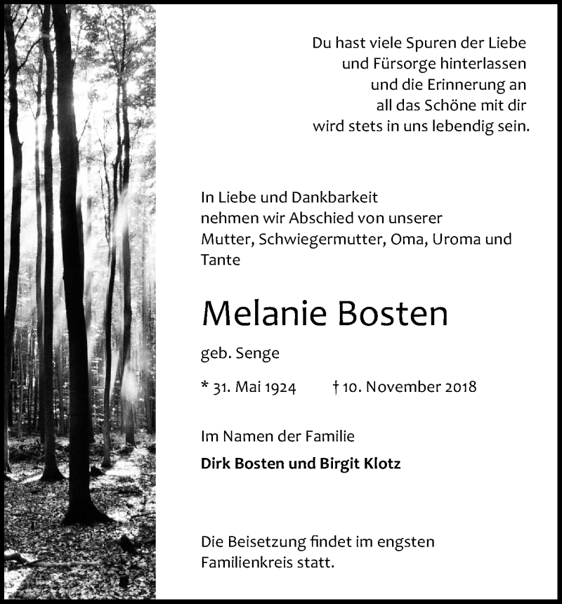  Traueranzeige für Melanie Bosten vom 17.11.2018 aus Kölner Stadt-Anzeiger / Kölnische Rundschau / Express