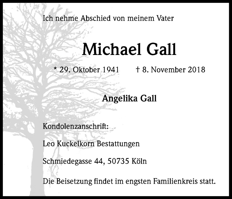  Traueranzeige für Michael Gall vom 01.12.2018 aus Kölner Stadt-Anzeiger / Kölnische Rundschau / Express
