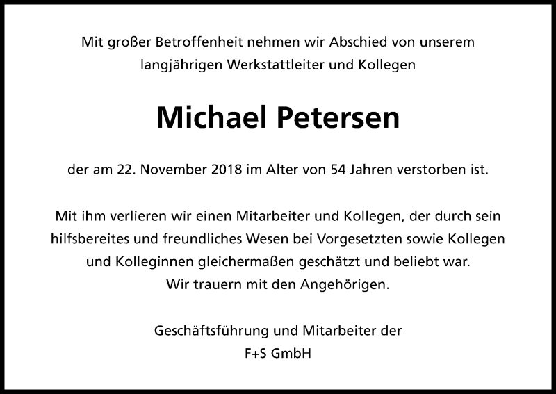  Traueranzeige für Michael Petersen vom 01.12.2018 aus Kölner Stadt-Anzeiger / Kölnische Rundschau / Express