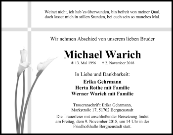 Anzeige von Michael Warich von Kölner Stadt-Anzeiger / Kölnische Rundschau / Express
