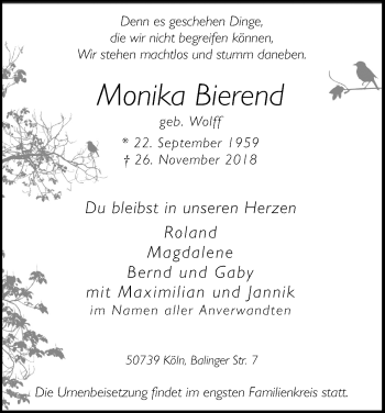 Anzeige von Monika Bierend von Kölner Stadt-Anzeiger / Kölnische Rundschau / Express