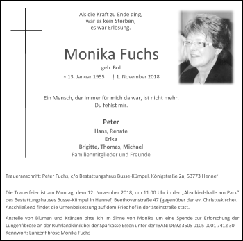 Anzeige von Monika Fuchs von Kölner Stadt-Anzeiger / Kölnische Rundschau / Express