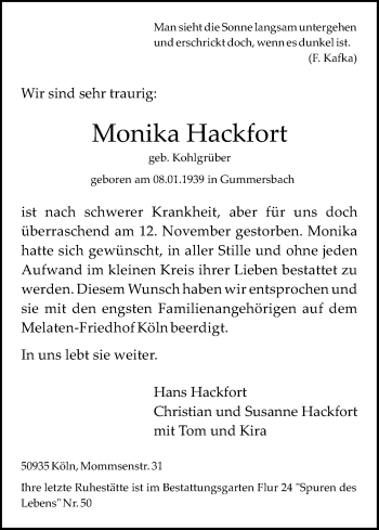 Anzeige von Monika Hackfort von Kölner Stadt-Anzeiger / Kölnische Rundschau / Express